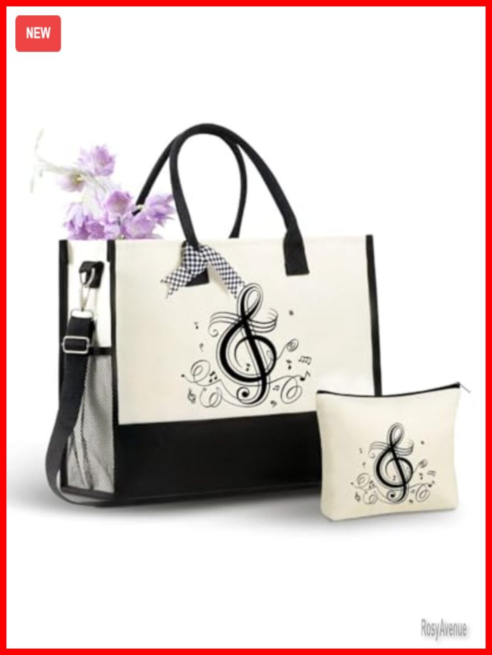 Music Lover Canvas Tote Bag & Makeup Pouch Set with Ribbon Handles
